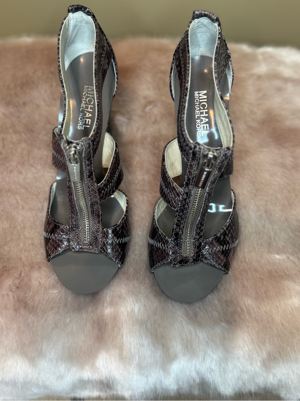 MICHAEL Michael Kors Dark Brown Snake-Embossed Zip Front Heels